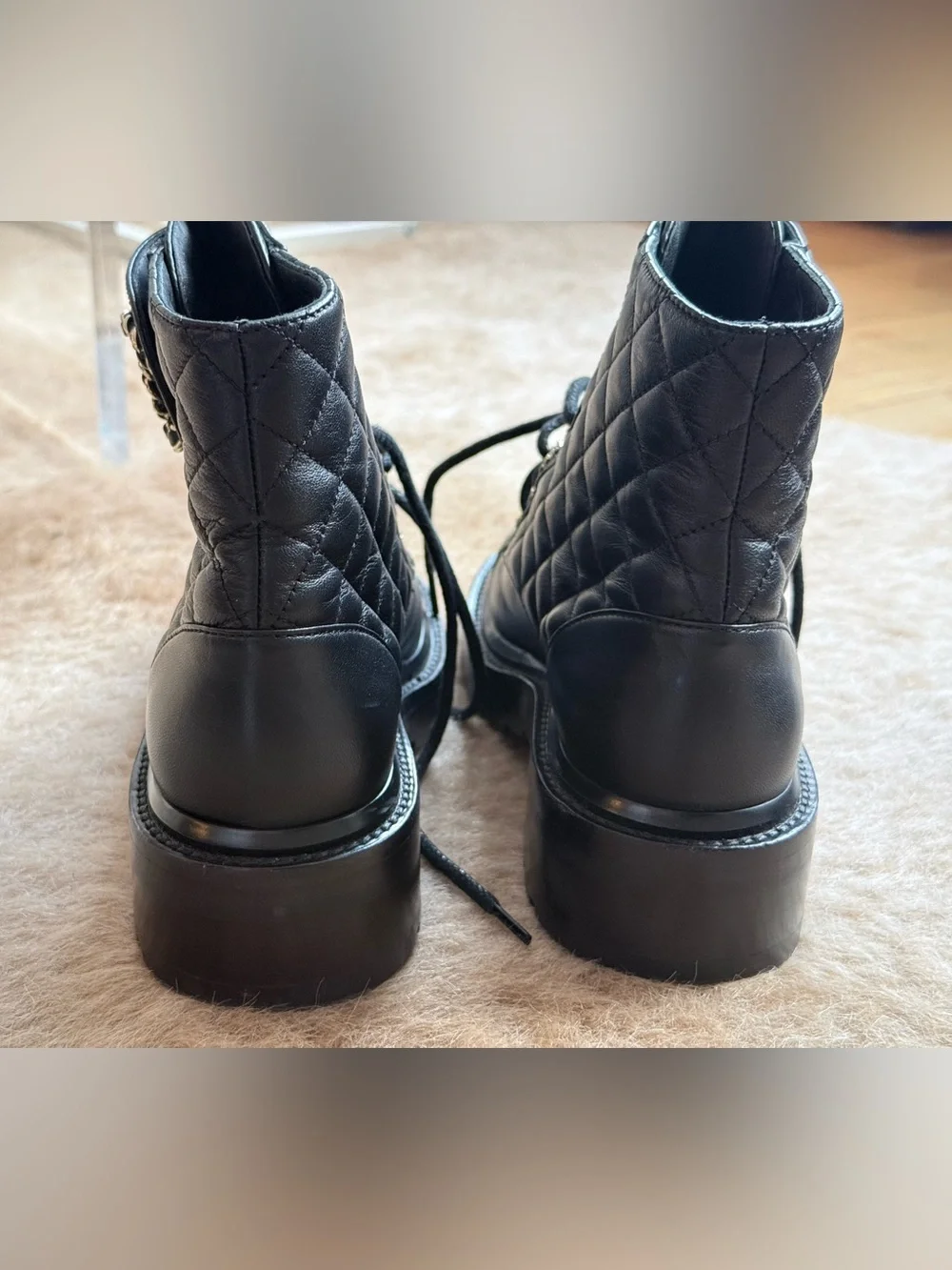 CHANEL Black Quilted Leather Combat Boots with Chain CC Detailing size 5